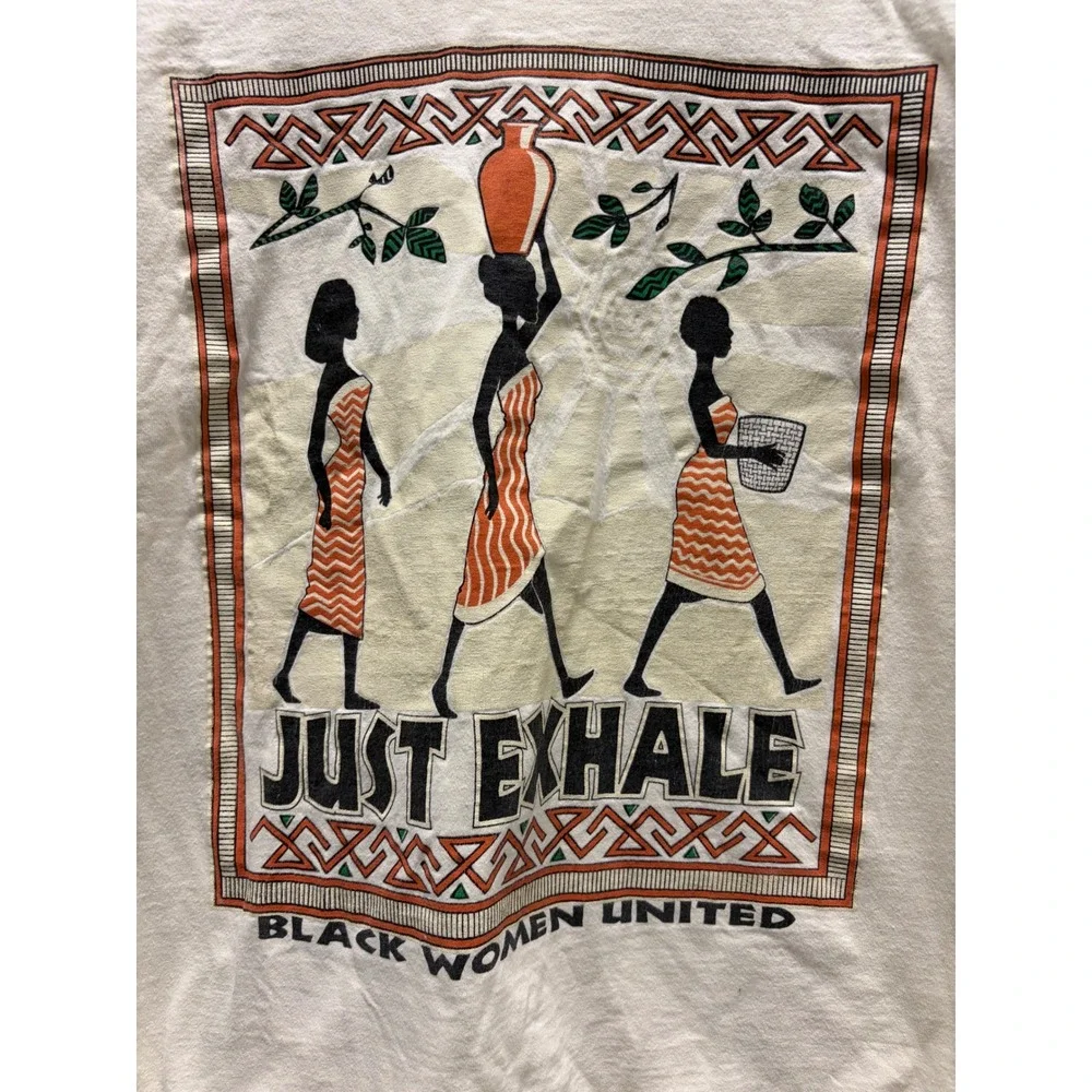 90s Vintage Fruit of the Loom Just Exhale T-Shirt Women Large Cream Graphic Good - Picture 2 of 5